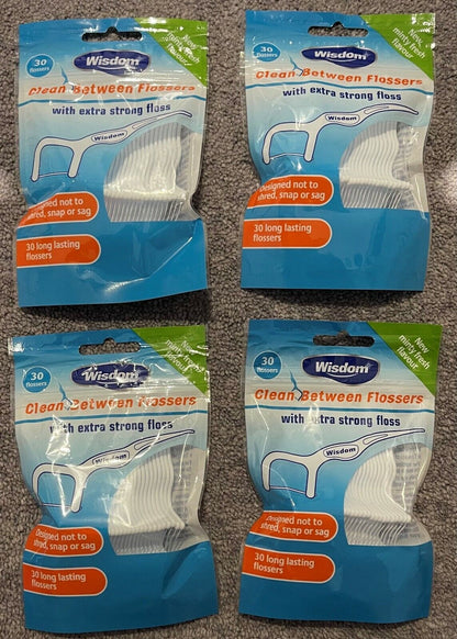 Wisdom Clean Between Flosser Extra Strong Floss Minty - 30 Flossers x 4 packs